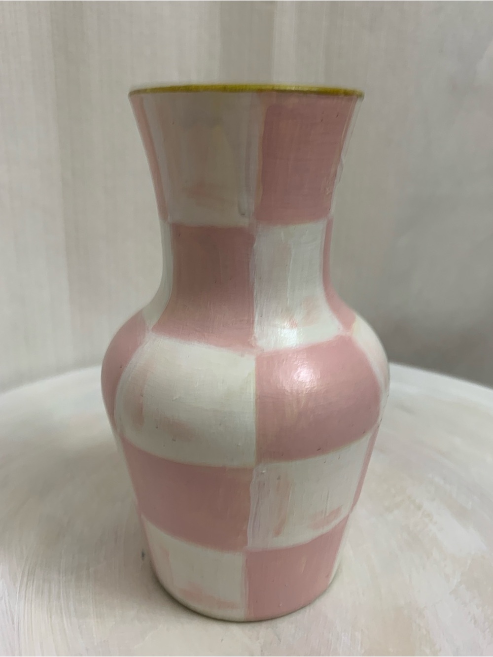 Ceramic Bud Vase Hand Painted Pink and White Rosy Check Design